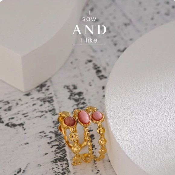 18K Gold Plated Dialogite Stone Ring - Picture 3 of 13